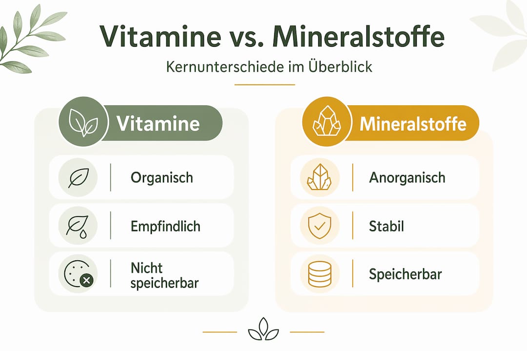 In dieser Infografik werden die Unterschiede zwischen Vitaminen und Mineralstoffen anschaulich dargestellt.
