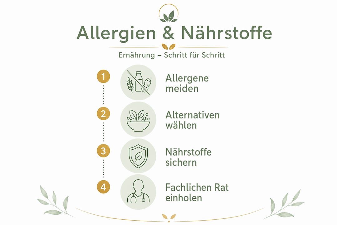 Vier einfache Schritte, wie Sie trotz Allergien alle wichtigen Nährstoffe abdecken – anschaulich erklärt in einer Infografik.