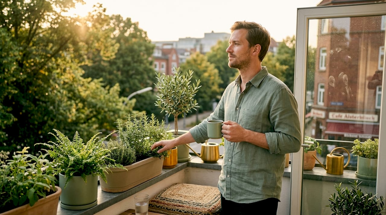 Ein Mann steht am offenen Fenster und genießt die Sonne, um seinen Vitamin-D-Haushalt zu stärken.