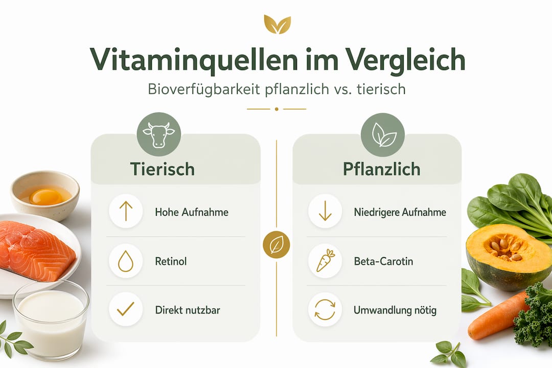 Infografik: Vitamine aus tierischen und pflanzlichen Quellen im Vergleich