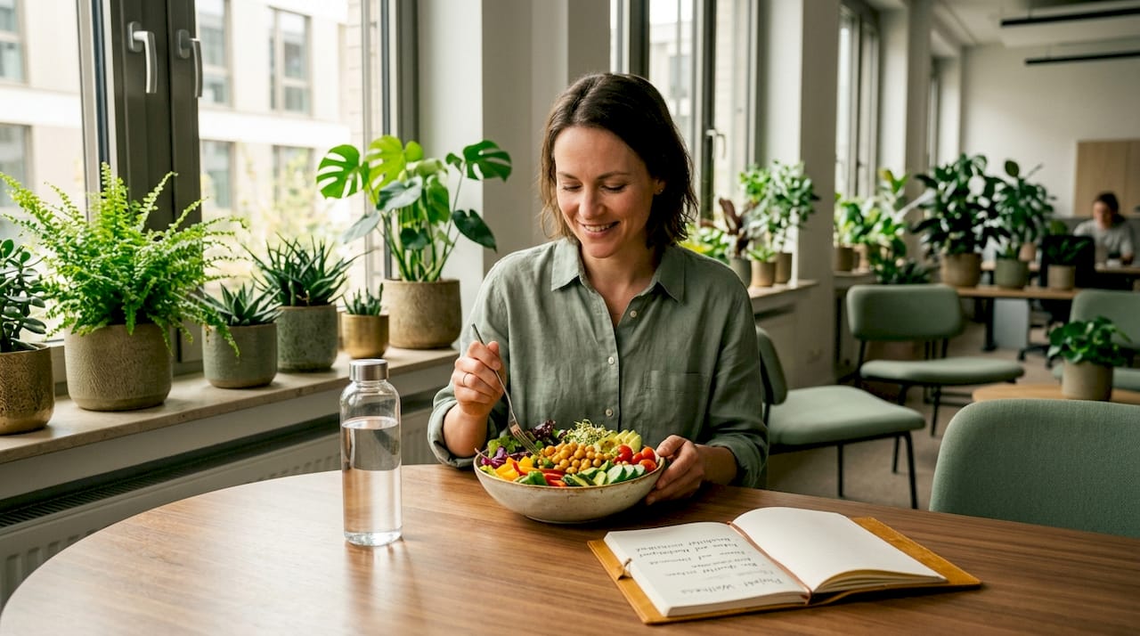 Eine Frau genießt in ihrer Mittagspause am Schreibtisch einen frischen, gesunden Salat.