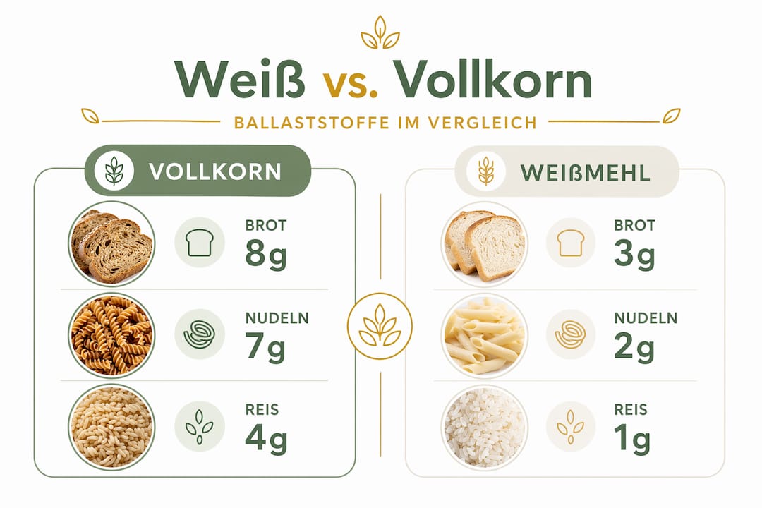 Infografik: Wie viele Ballaststoffe stecken in Vollkornprodukten im Vergleich zu Weißmehl?