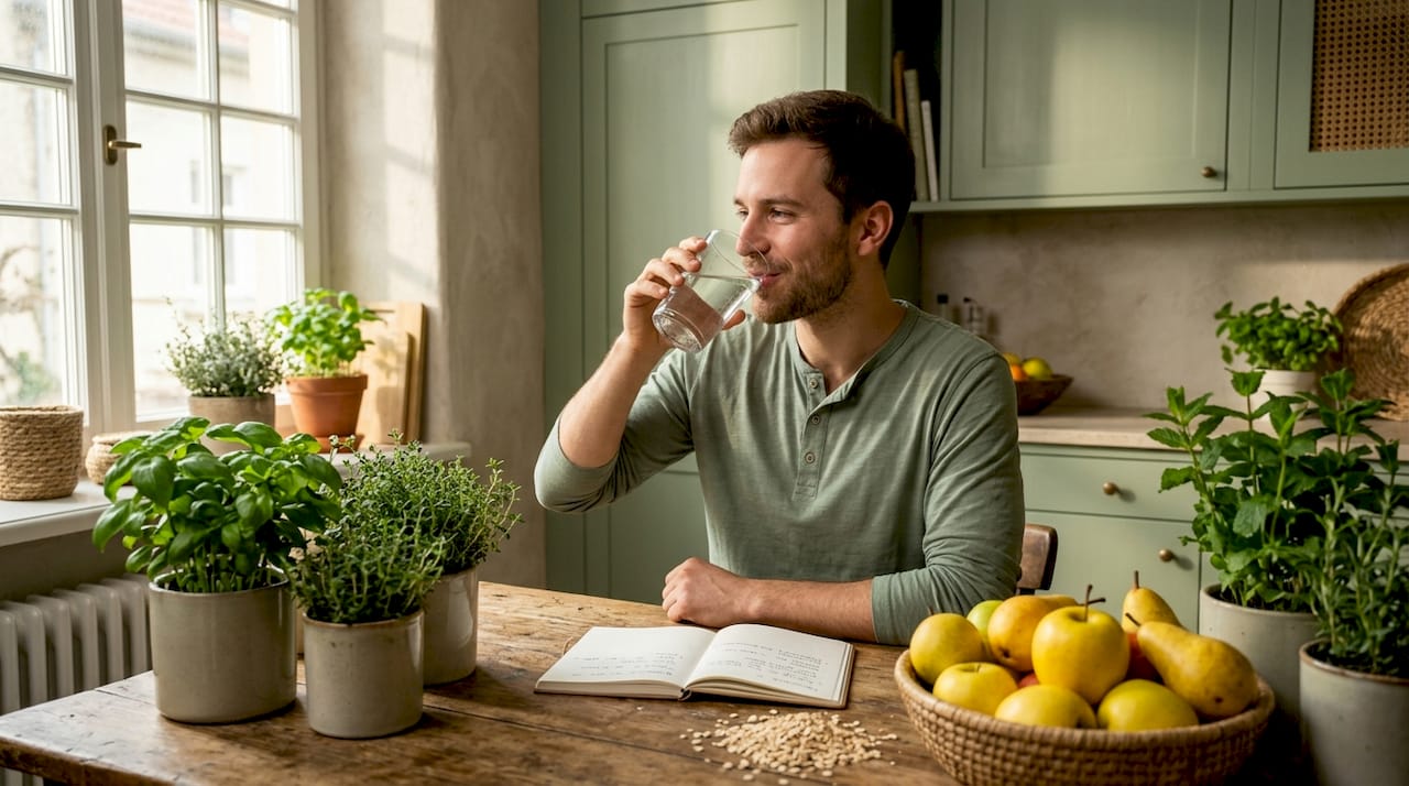 Ein Mann sitzt am Frühstückstisch und trinkt ein Glas Wasser.