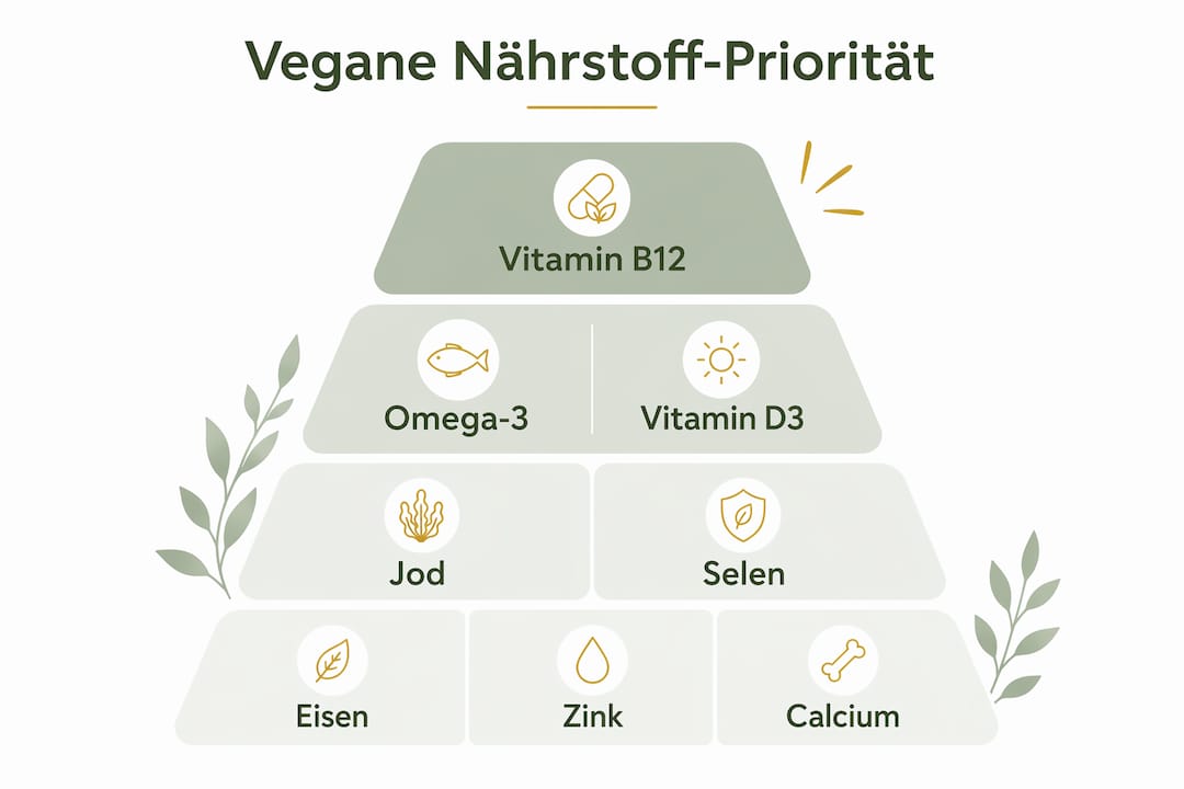 Infografik: Die wichtigsten Nährstoffe für Veganer im Überblick – nach Priorität sortiert