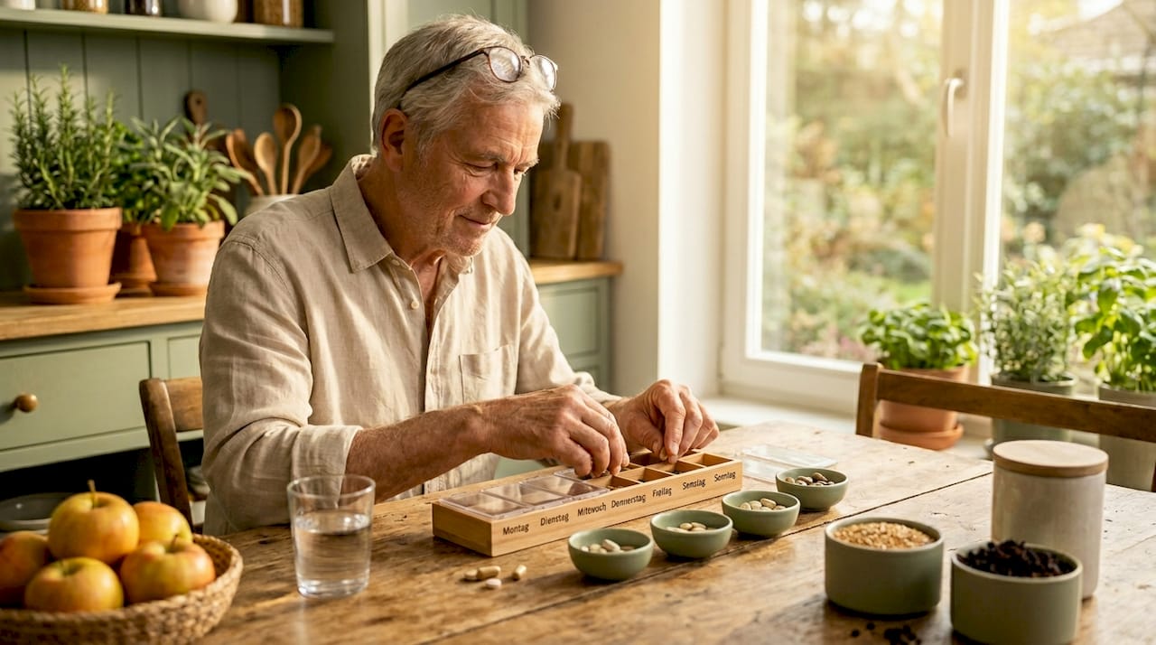 Ein Mann verteilt seine Vitamine in eine Wochenbox.