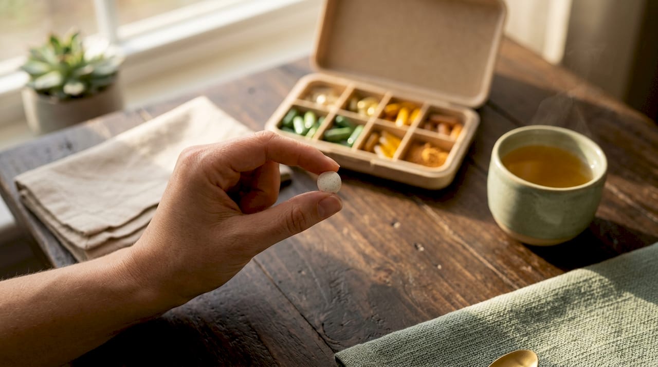 Eine Hand hält eine vegane Vitamin-B12-Tablette.