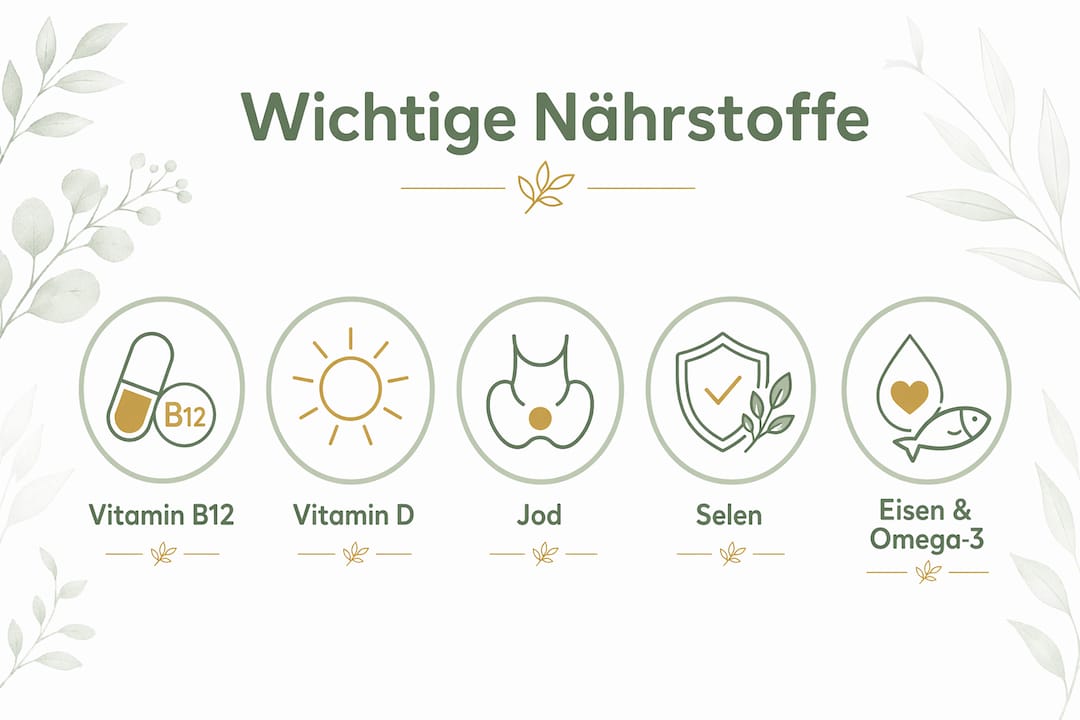 Grafik: Die wichtigsten Nährstoffe für eine ausgewogene vegane Ernährung auf einen Blick