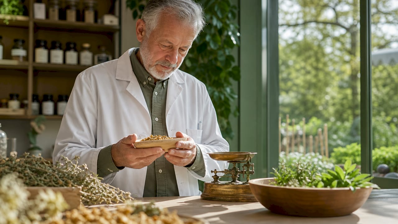 Eine Apothekerin präsentiert Zinktabletten und eine Feinwaage.