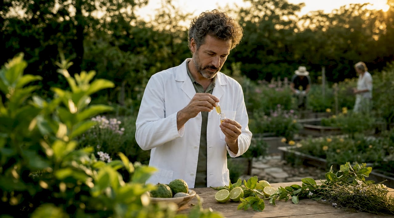Im Labor werden kleine Fläschchen mit Citrus-Bergamotte-Proben vorsichtig in den Händen gehalten.