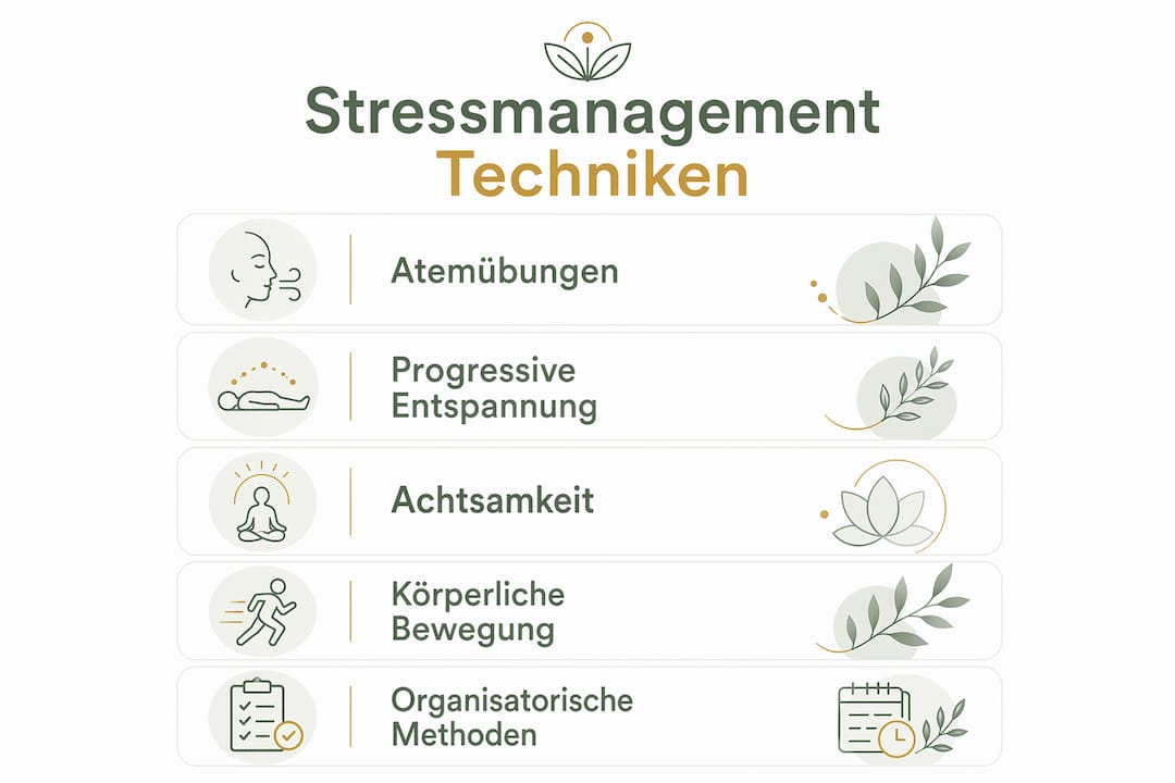 Die Infografik veranschaulicht, wie man Schritt für Schritt Stress bewältigen kann.