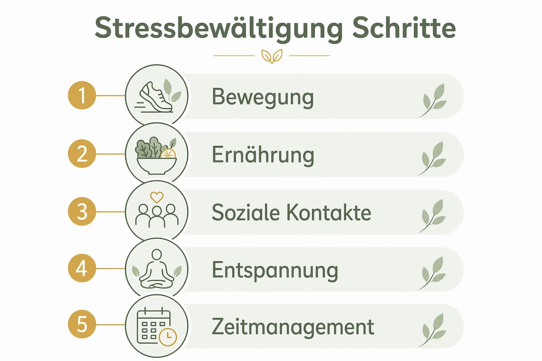 Die Infografik veranschaulicht, wie man in fünf Schritten effektiv mit Stress umgehen kann.