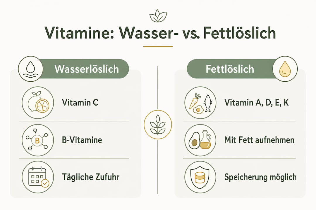 Die Infografik zeigt die Unterschiede zwischen wasserlöslichen und fettlöslichen Vitaminen auf einen Blick.