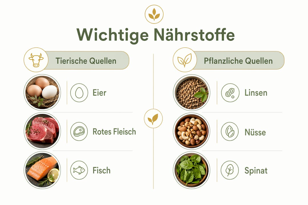 Übersicht der wichtigsten Nährstoffquellen aus tierischen und pflanzlichen Lebensmitteln