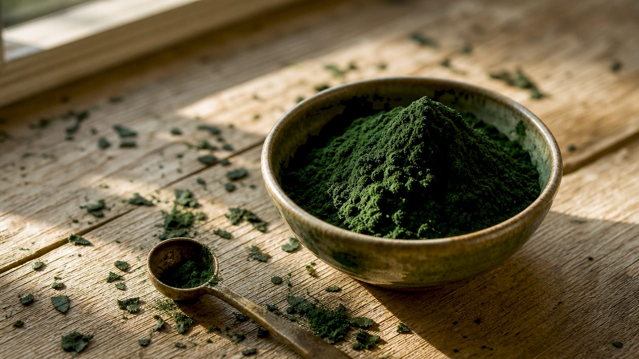 Ein Löffel mit Spirulina-Pulver liegt auf dem Tisch und ist aus nächster Nähe zu sehen.