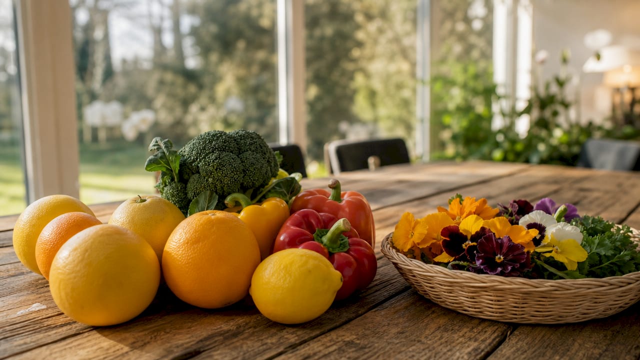 Frische Vitamin-C-Quellen wie Obst und Gemüse dekorativ auf einem Holztisch im Wohnzimmer arrangiert