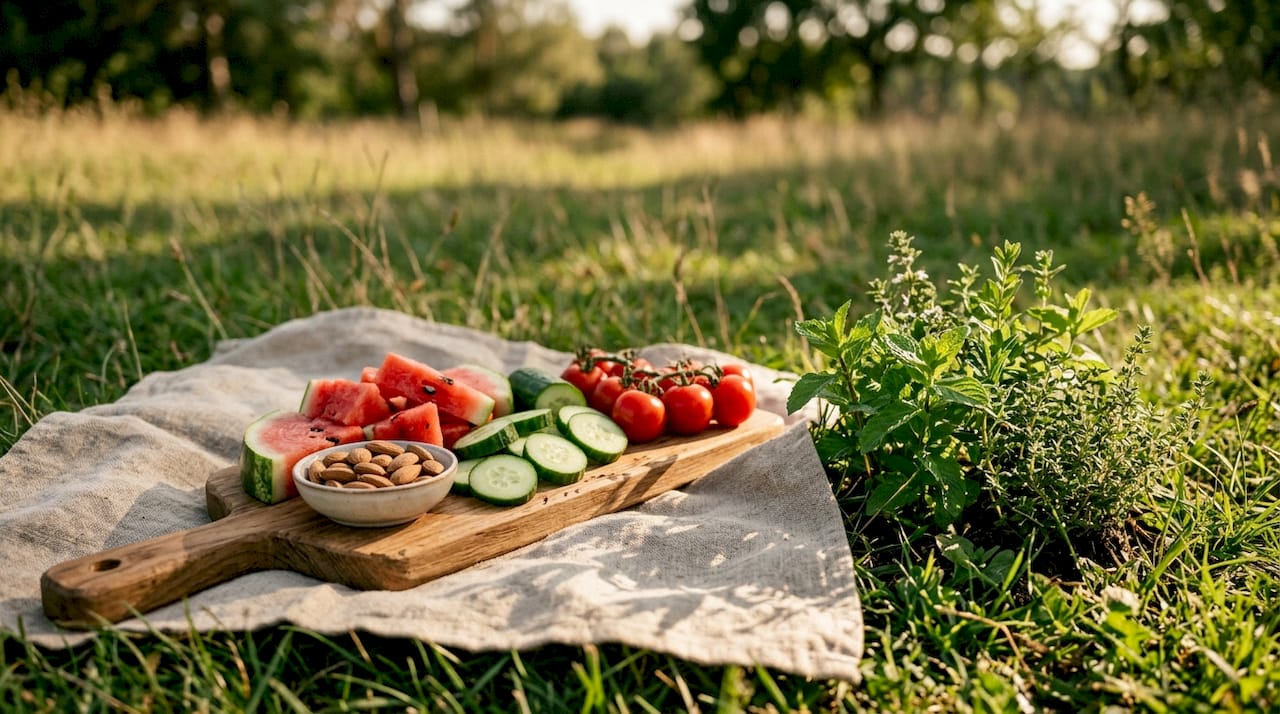 Erfrischende Sommer-Snacks voller natürlicher Elektrolyte – serviert auf einer rustikalen Picknickbank.