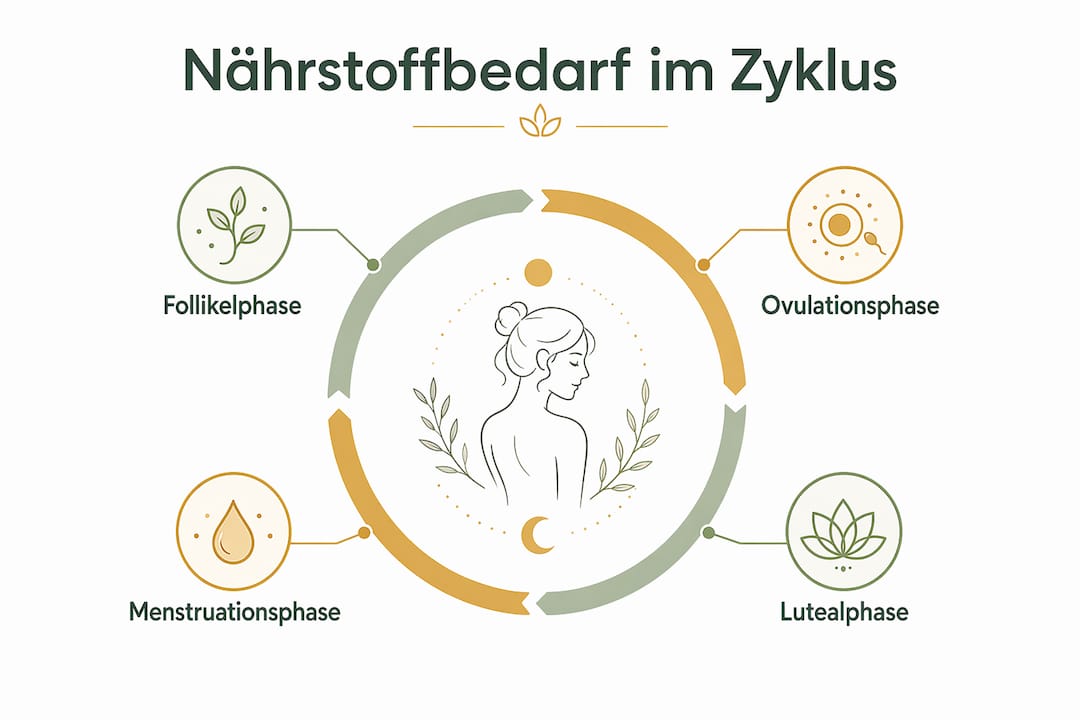 Grafik veranschaulicht, welche Nährstoffe in den einzelnen Phasen des weiblichen Zyklus besonders wichtig sind.