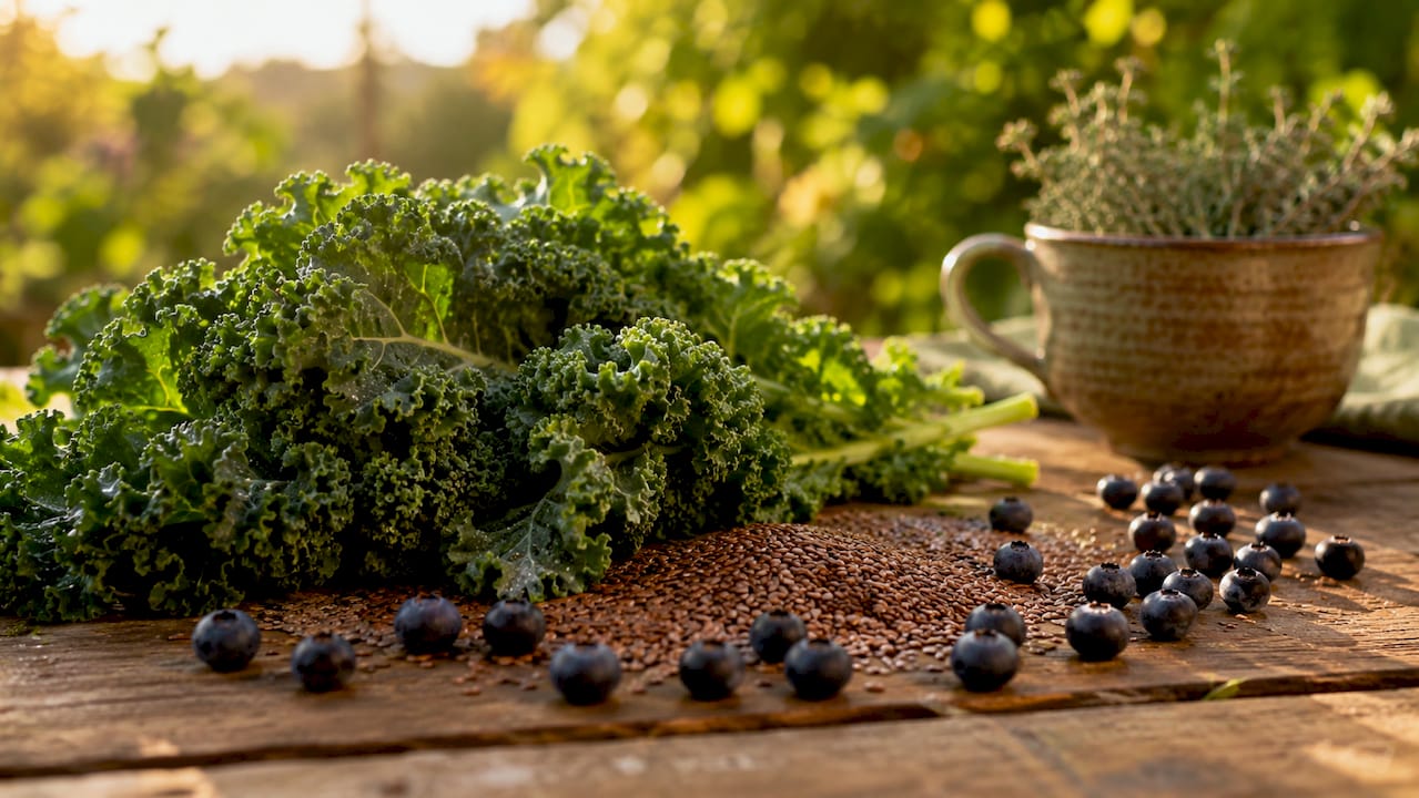 Nahaufnahme von Grünkohl, Leinsamen und Heidelbeeren