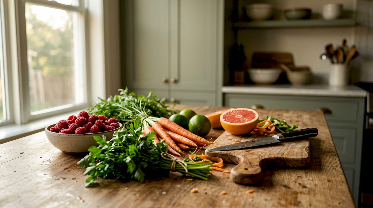 Frische, antioxidativ wirkende Zutaten werden gerade in der heimischen Küche zubereitet.