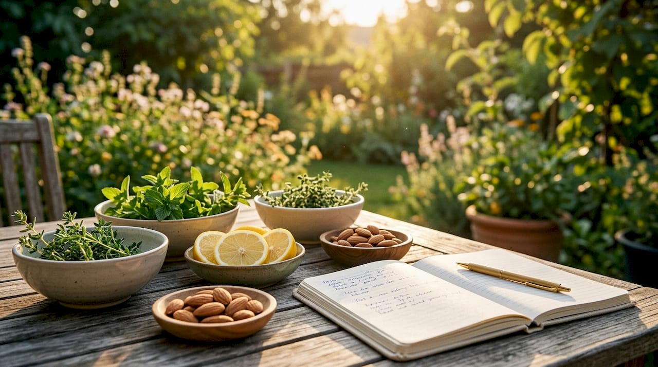 Küchenansicht von oben mit frischen Zutaten und handschriftlichen Rezeptnotizen