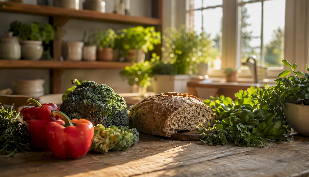 Frische, unbehandelte Lebensmittel liegen einladend auf einem rustikalen Holztisch – perfekt für eine Nahaufnahme, die natürliche Vielfalt und Qualität zeigt.