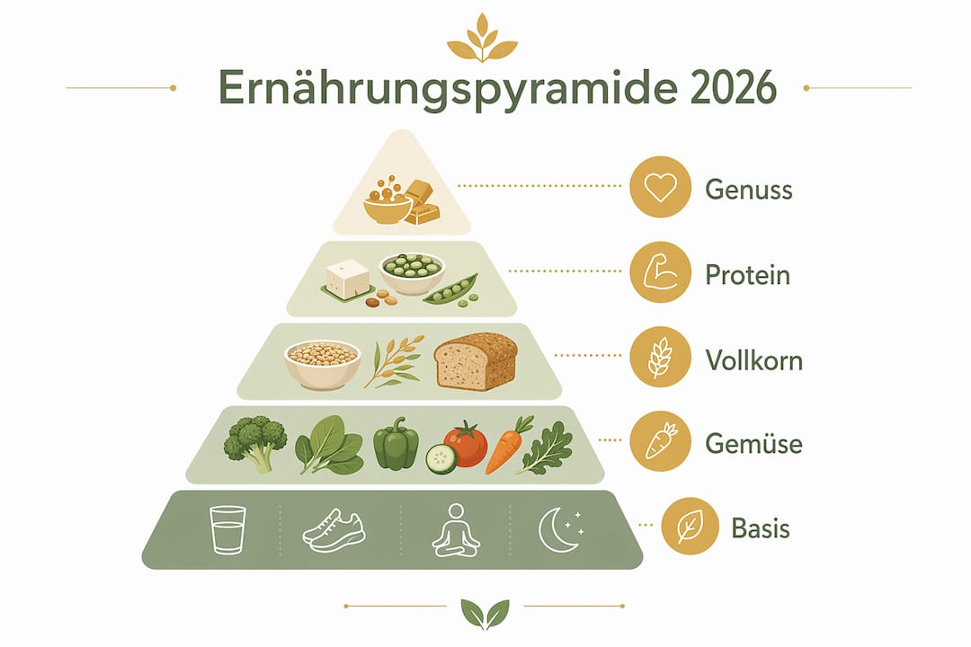 Die Infografik stellt die Ernährungspyramide mit ihren fünf Stufen anschaulich dar – von der Basis bis zur Genießer-Spitze.