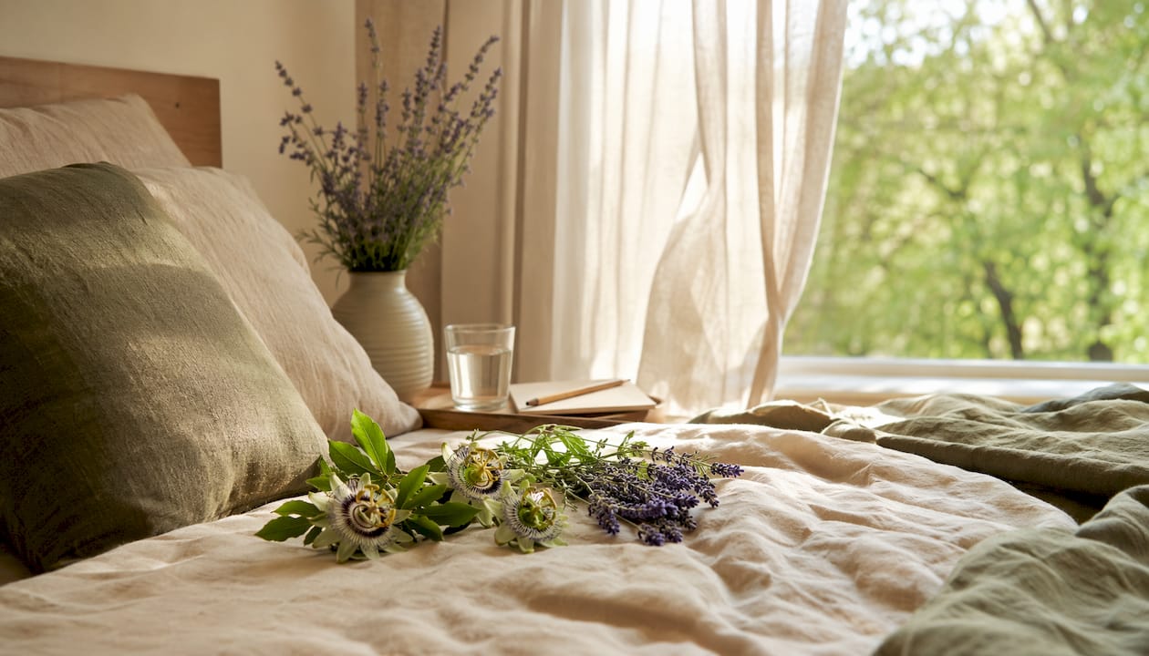 Auf dem Couchtisch verbreiten duftende Kräuter und eine sanft leuchtende Lampe eine entspannte Atmosphäre.