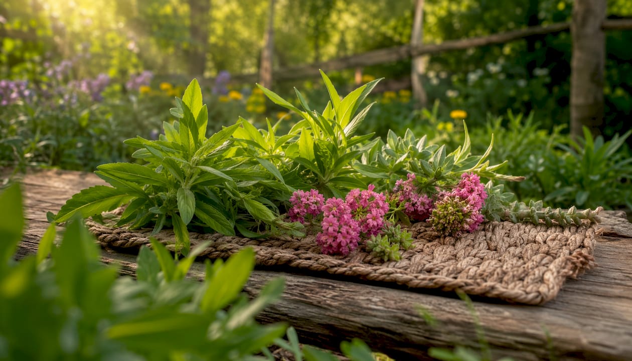 Frisch geerntete Ashwagandha- und Rhodiola-Kräuter im Gartenkorb