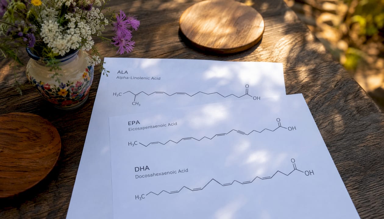 Detailaufnahme der chemischen Struktur von Omega-3-Fettsäuren auf einem Ausdruck