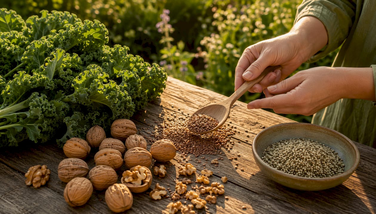 Natürliche Omega-3-Quellen liebevoll auf einem rustikalen Holztisch im Freien angerichtet