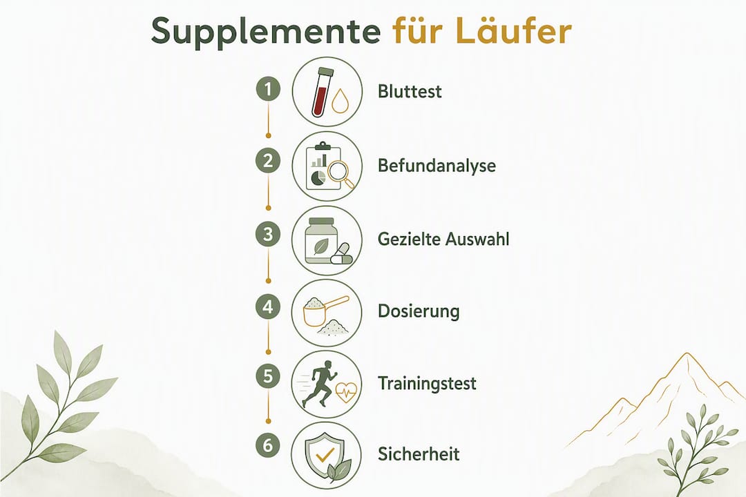 Infografik: Der 6-Stufen-Plan für Nahrungsergänzungsmittel – optimal versorgt als Läufer