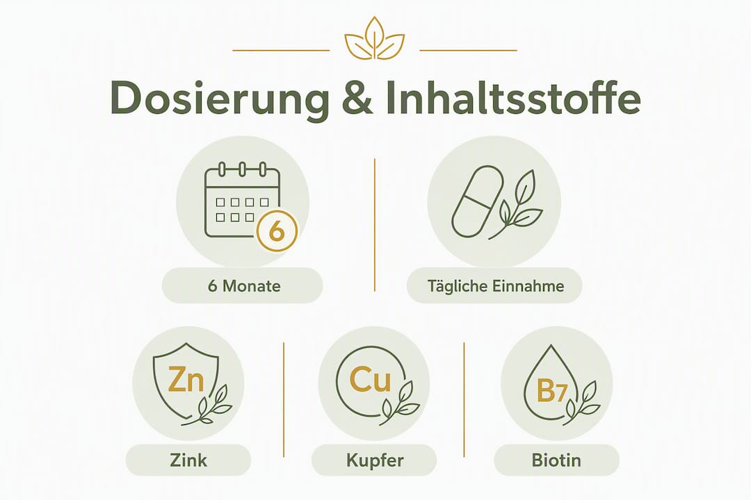 Übersichtsgrafik: Welche Inhaltsstoffe stecken in Haarwuchskapseln – und wie werden sie richtig dosiert?