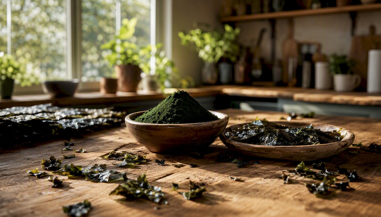 Nahaufnahme von Spirulina-Pulver und Nori-Algen