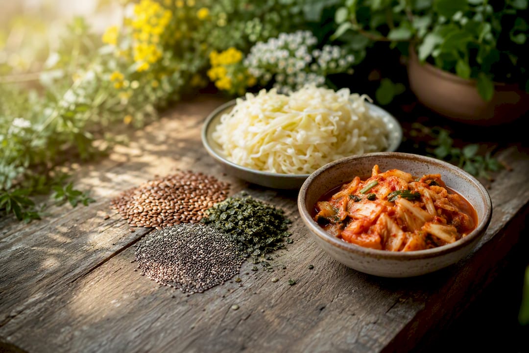 Natürliche Omega-3-reiche Samen und probiotisch fermentierte Lebensmittel