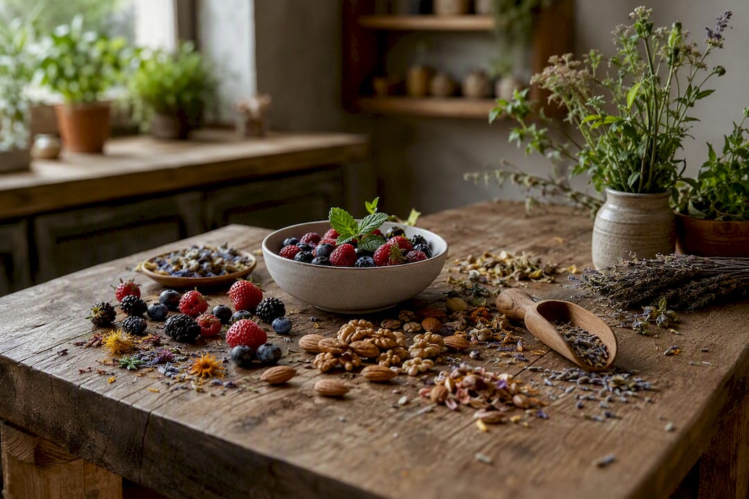 Draufsicht auf natürliche Inhaltsstoffe mit antioxidativer Wirkung