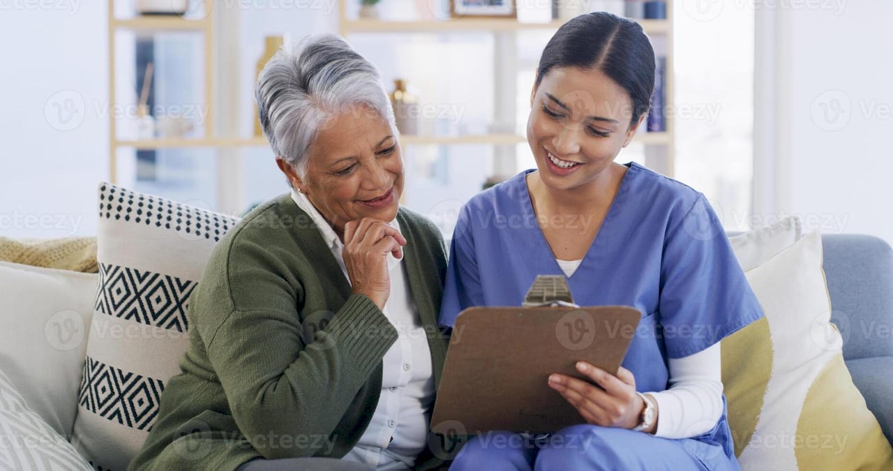 Clipboard, nurse and advice with old woman on sofa for evaluation ...