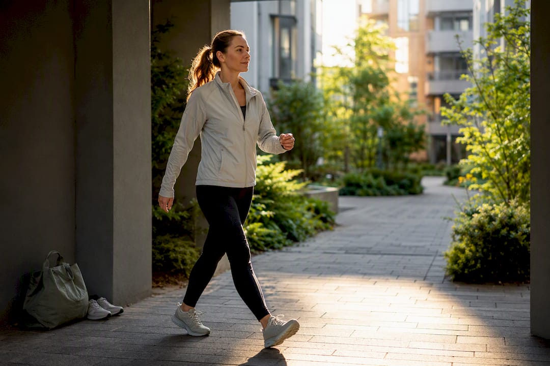 Person beim Spaziergang im frühen Morgenlicht