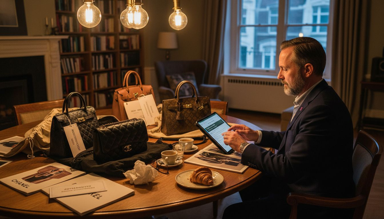 Man researching rare luxury handbags