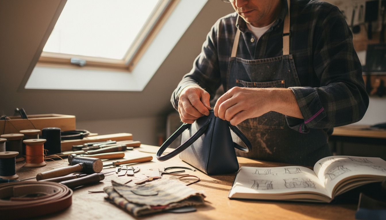 Artisan hand stitching luxury bag details
