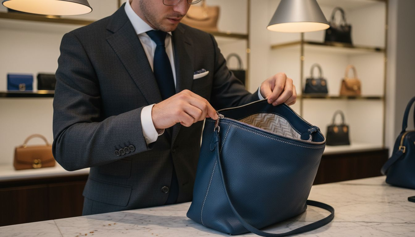 Man inspecting luxury handbag construction