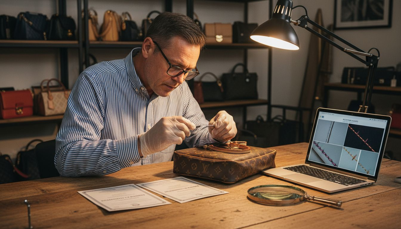 Expert authenticating luxury handbag at desk