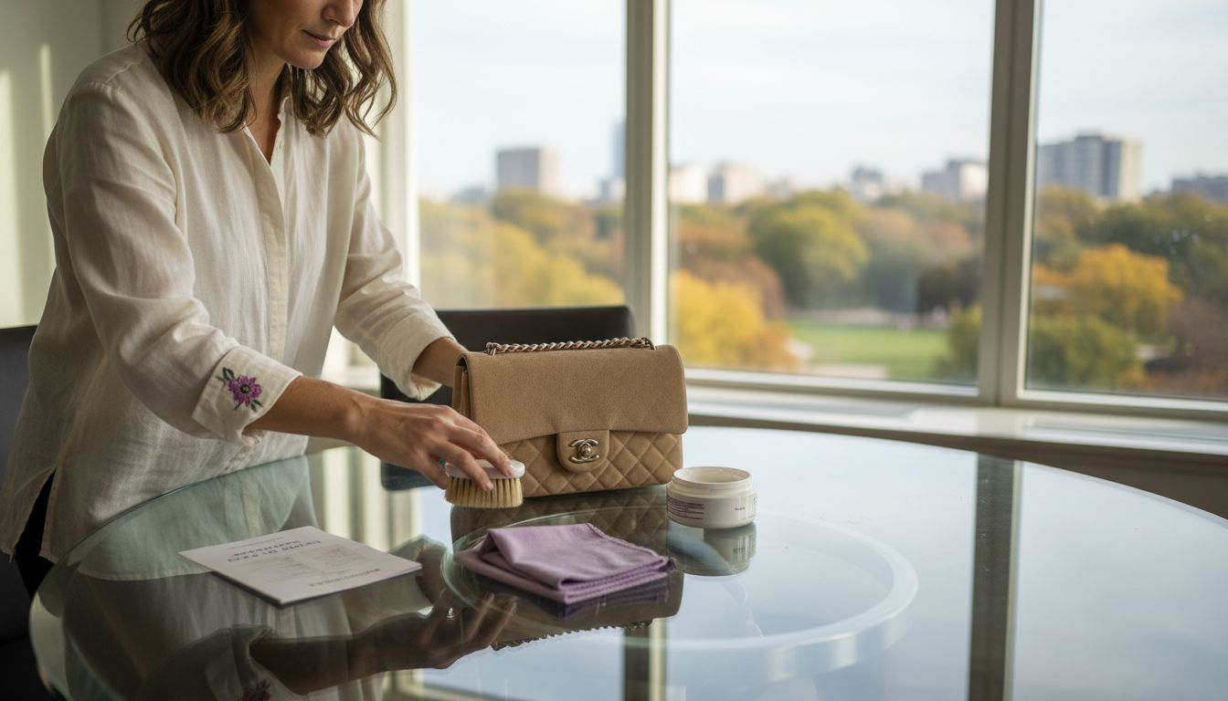 Woman organizing luxury handbag care tools