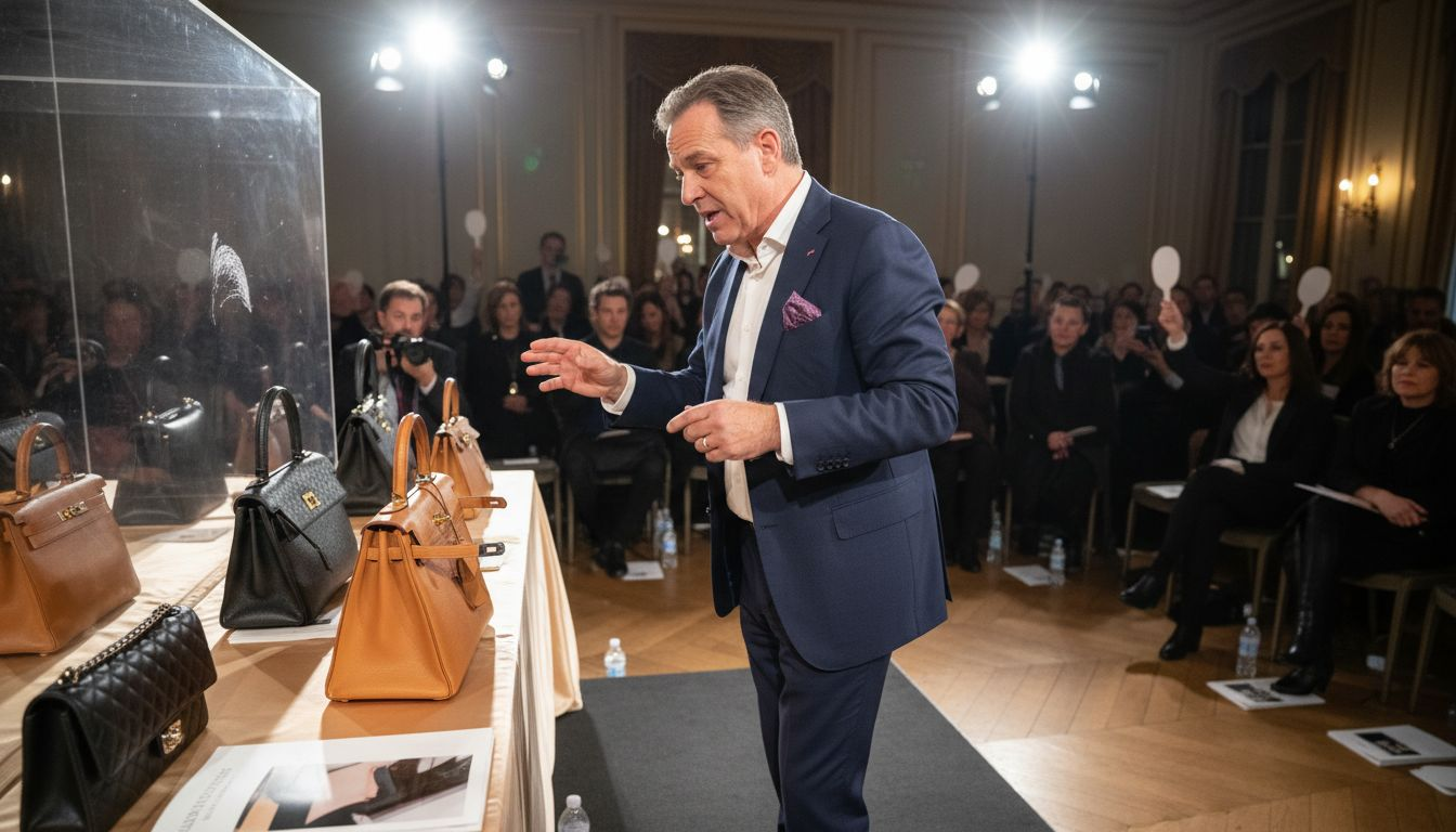Auctioneer presenting designer handbags at auction