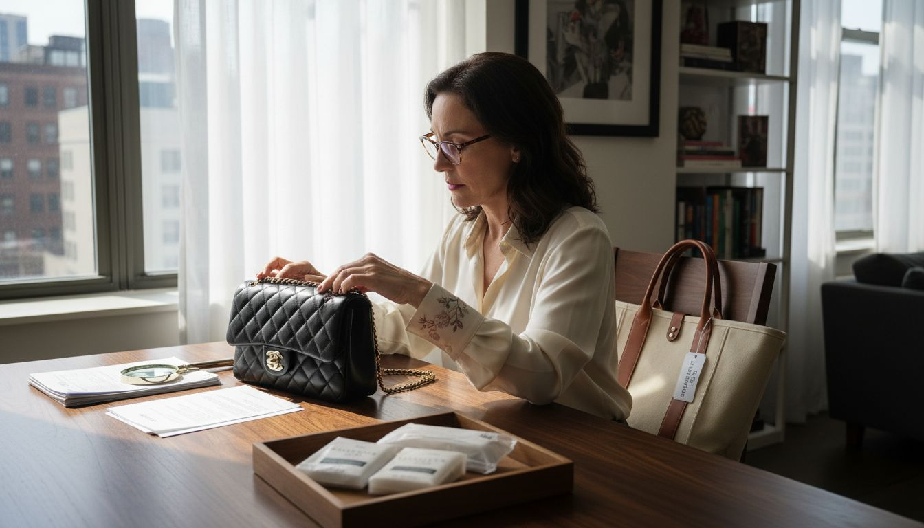Woman inspecting vintage designer bag collection