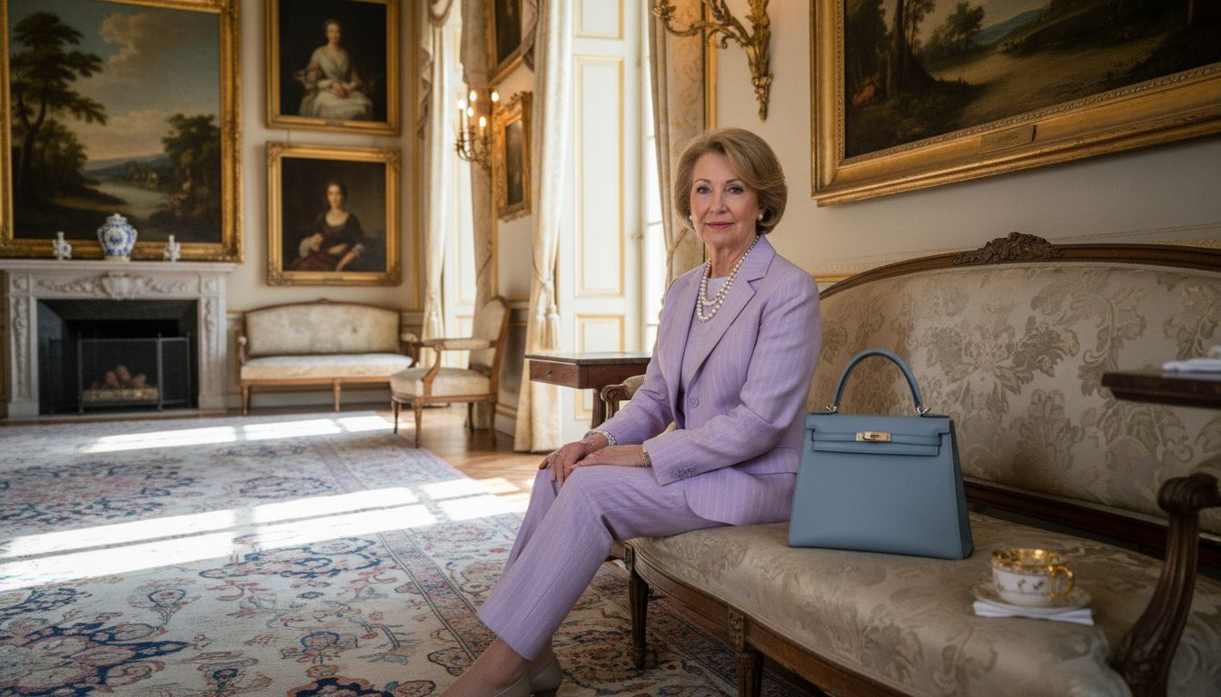 Elegant royal with Hermès purse in palace