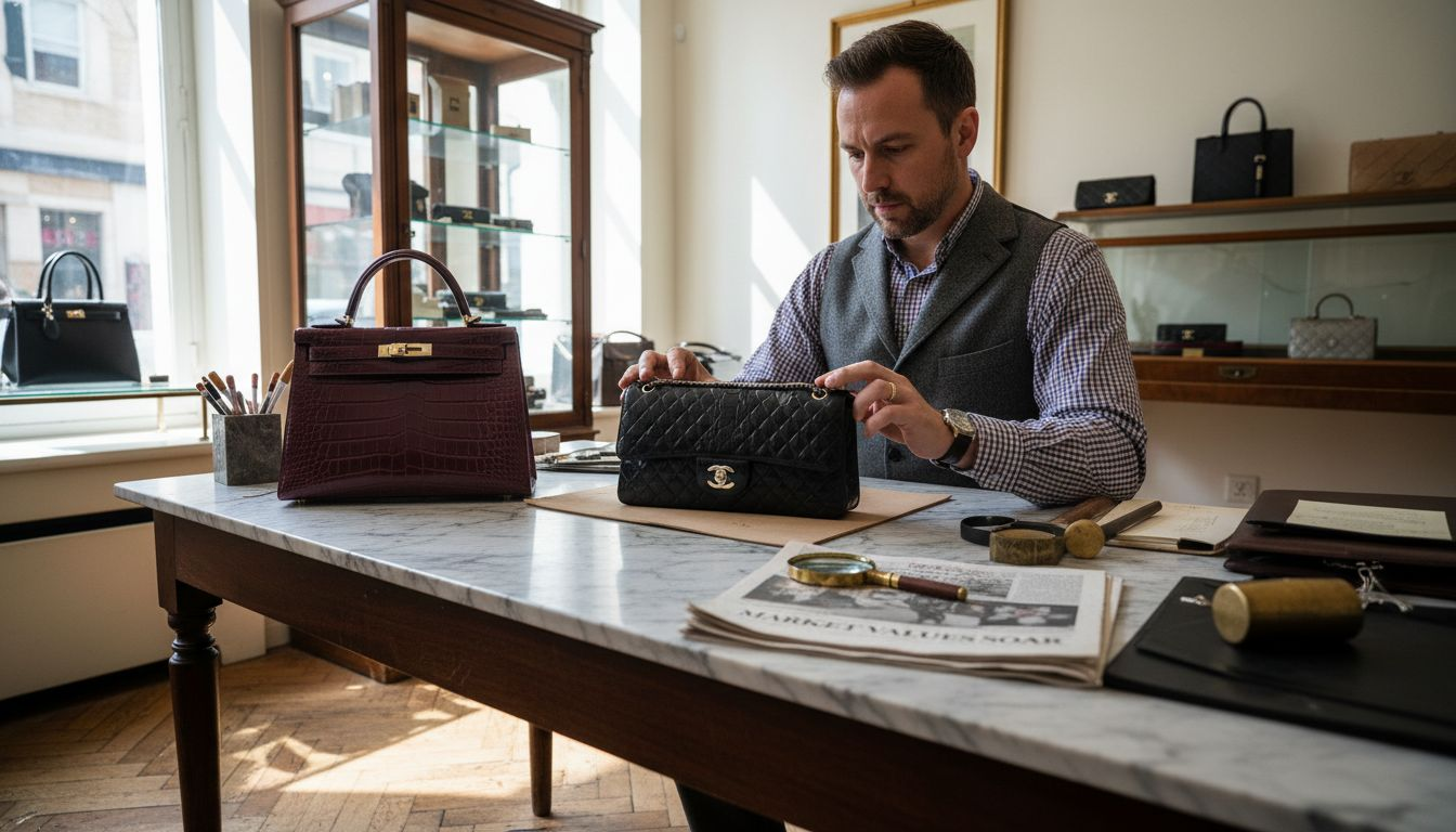 Appraiser reviewing vintage limited edition handbags