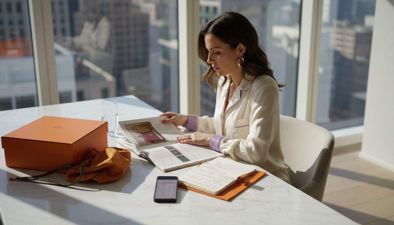 Woman reviewing luxury handbag catalog at home
