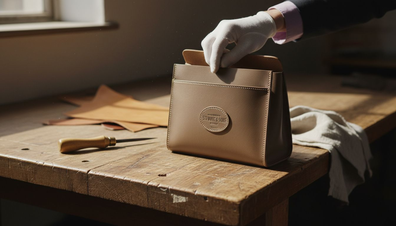 Gloved hand examining handbag stitching