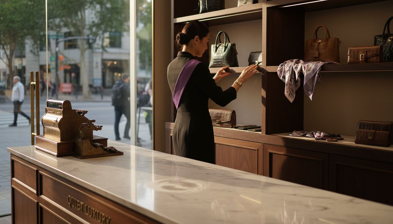 Boutique display of luxury accessories and handbags