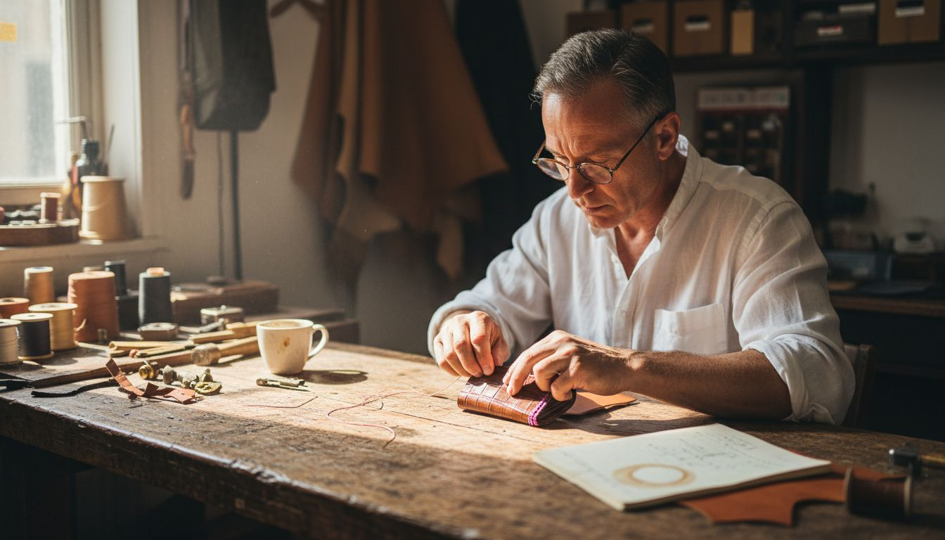 Leatherworker hand-stitching luxury wallet workshop